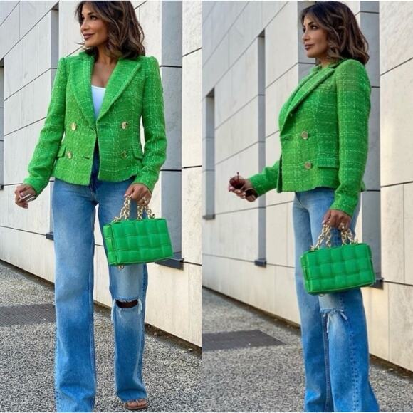 Zara Kate Middleton Textured Tweed Boucle Apple Green Gold Button Cropped Blazer - Picture 4 of 14